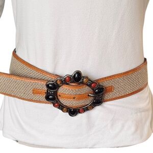 Italian Woven Burlap & Leather Belt with Multi-Stone Oval Buckle